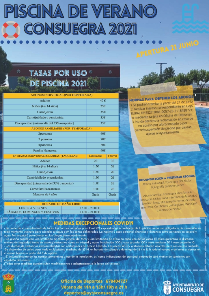 Piscina Municipal Verano 2021. Tasas y abonos