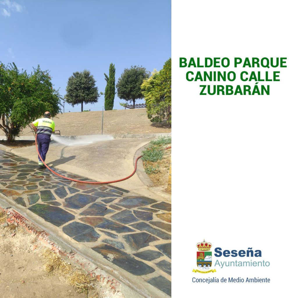 Baldeo con productos jabonosos del camino de piedras y el muro de contención del paseo del parque canino de la Calle Zurbarán