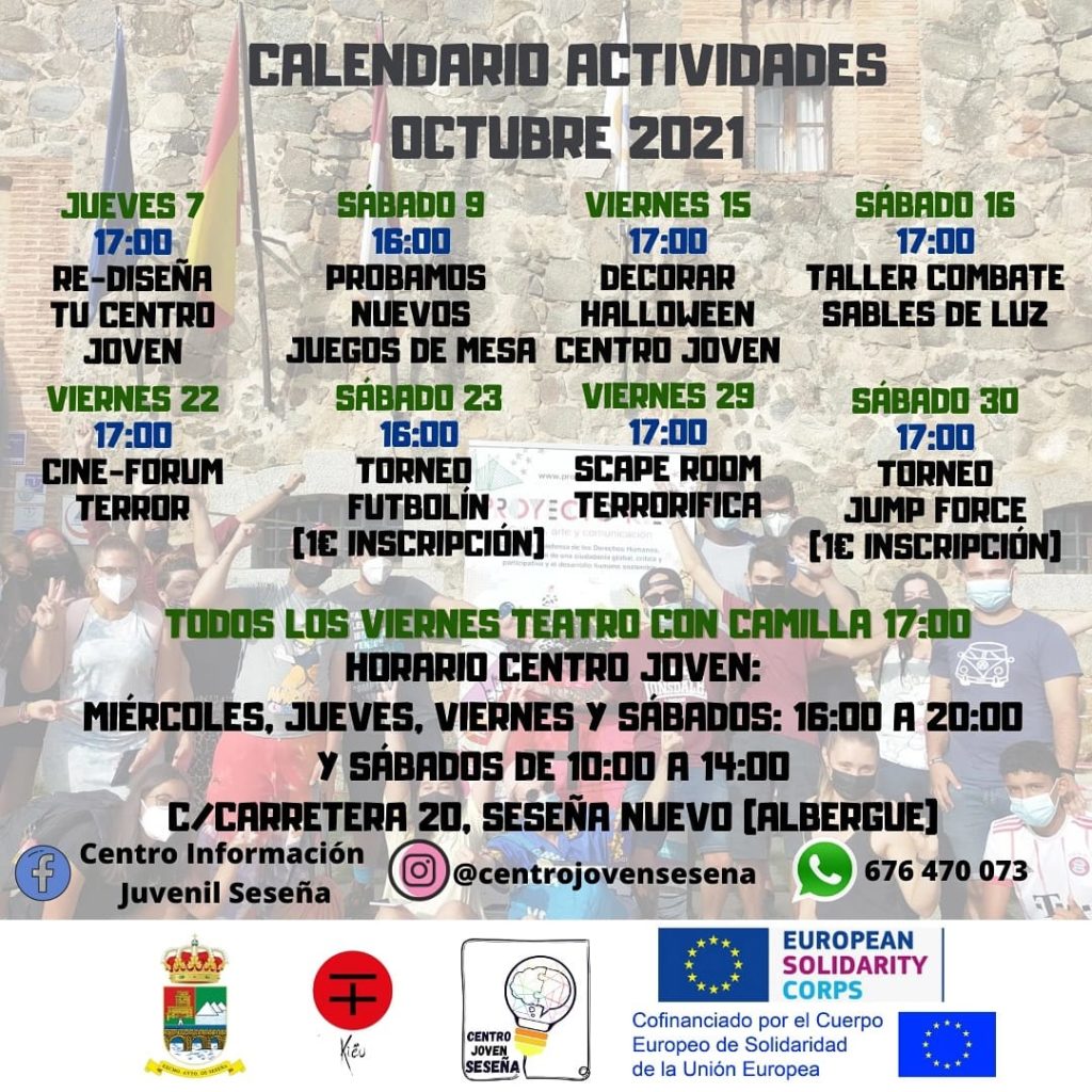 Calendario de actividades para octubre del Centro Juvenil – Ayuntamiento de Seseña