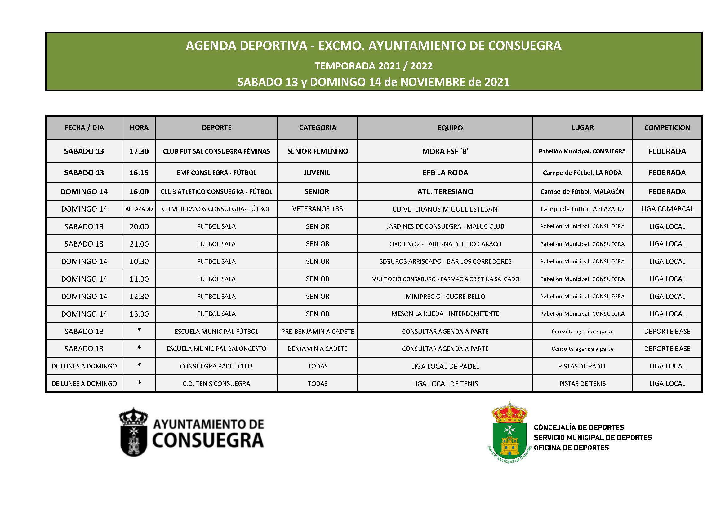 Agenda Deportiva. Sábado 13 y domingo 14 de noviembre de 2021