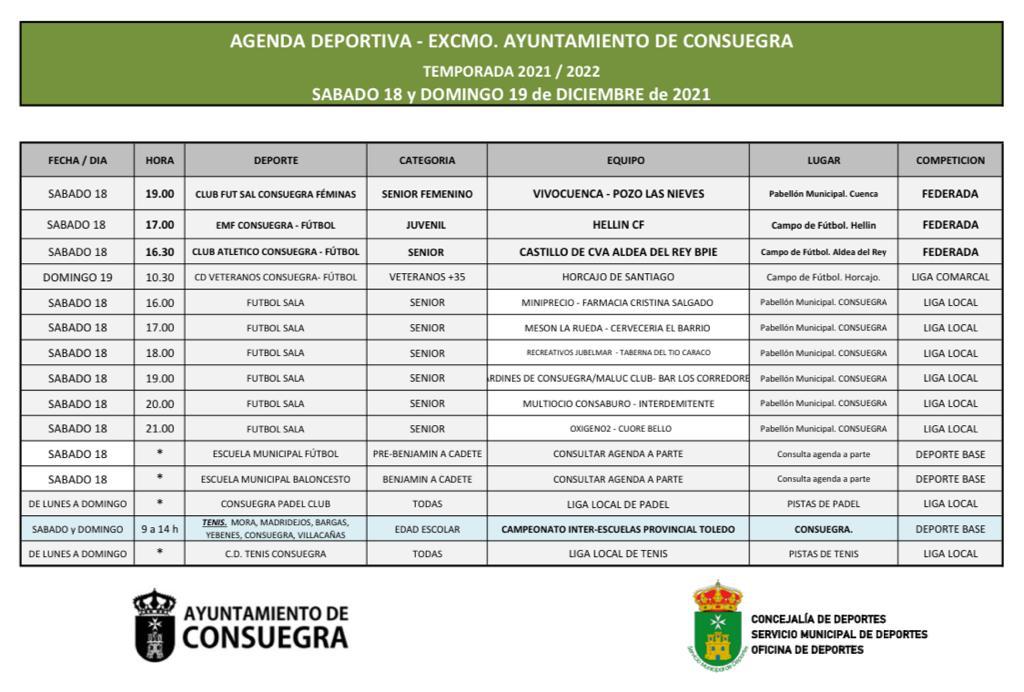 Agenda Deportiva. Sábado 18 y domingo 19 de diciembre de 2021