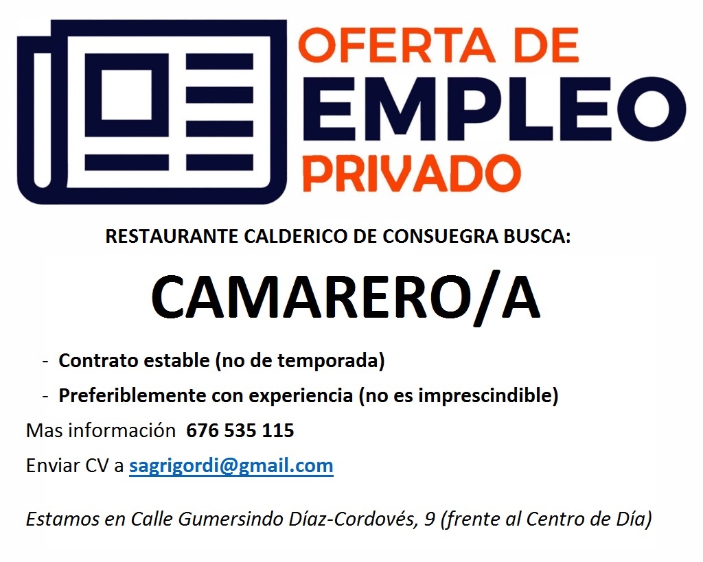 Oferta de empleo privado: Camarero/a Restaurante Calderico