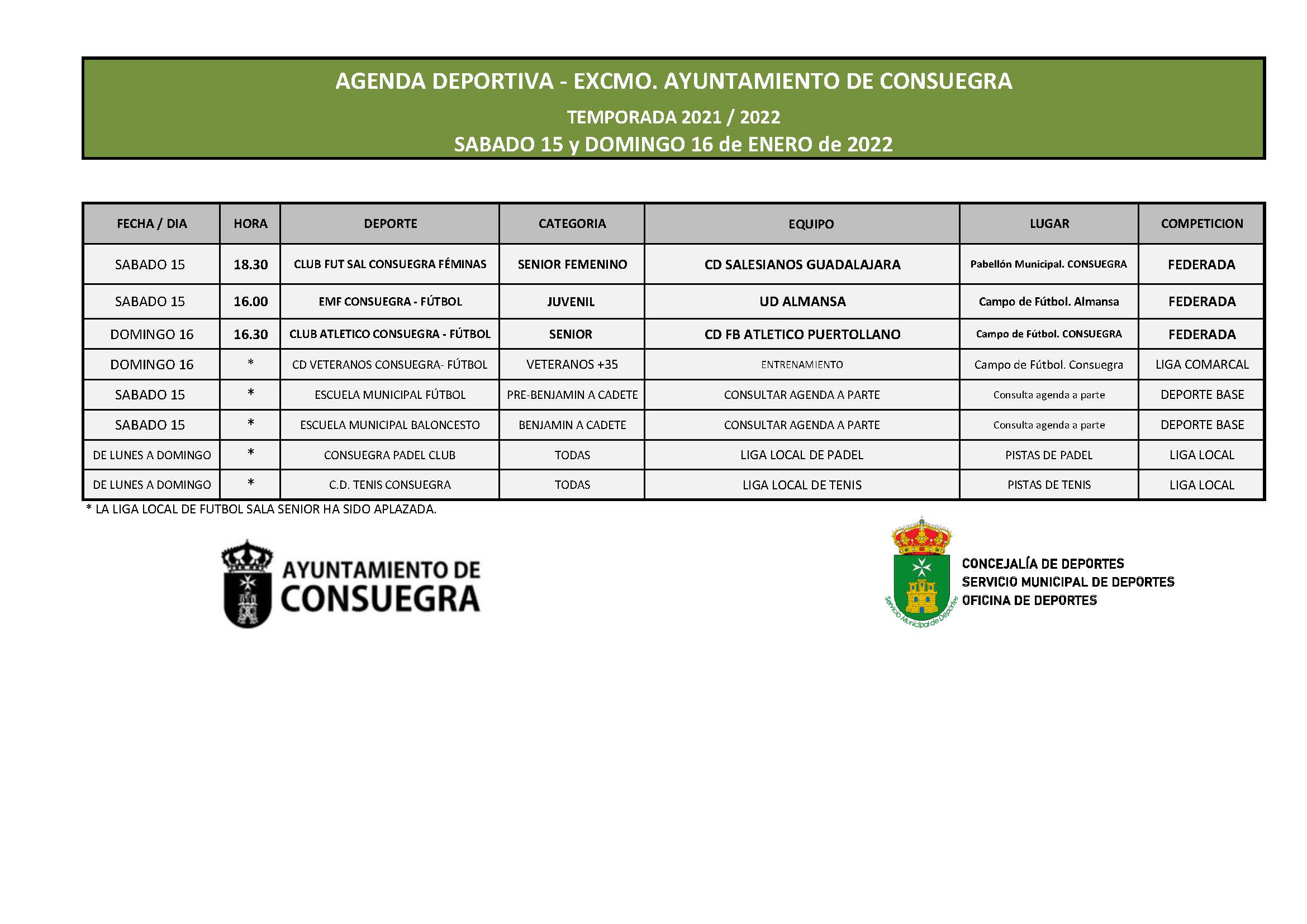 Agenda Deportiva. Sábado 15 y domingo 16 de enero de 2022