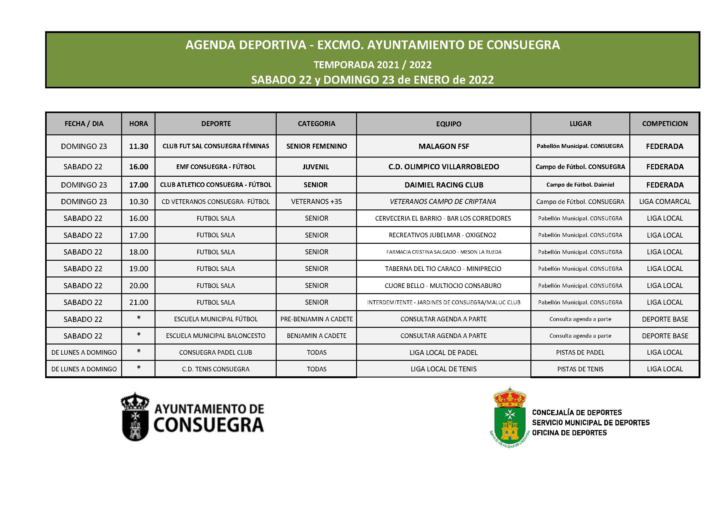 Agenda Deportiva. Sábado 29 y domingo 30 de enero de 2022