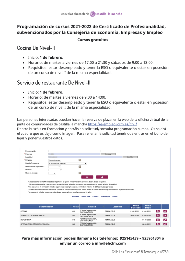 Cursos gratuitos para desempleados Escuela de Hostelería de Castilla-La Mancha (Febrero 2022)