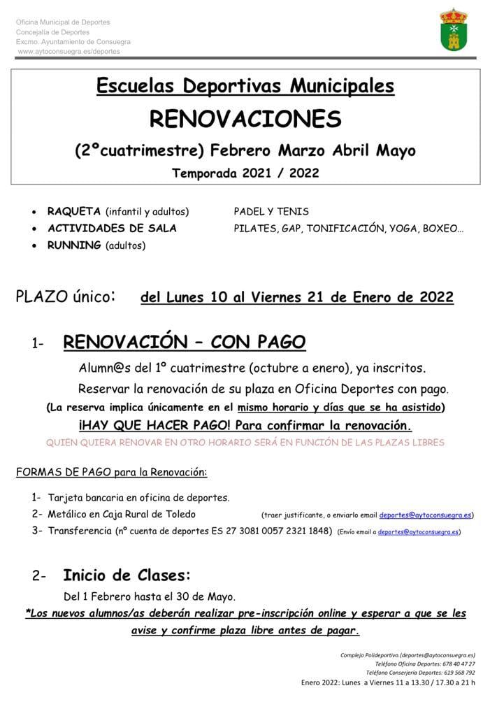 Renovaciones 2º Cuatrimestre Escuelas Deportivas Municipales 2021/2022