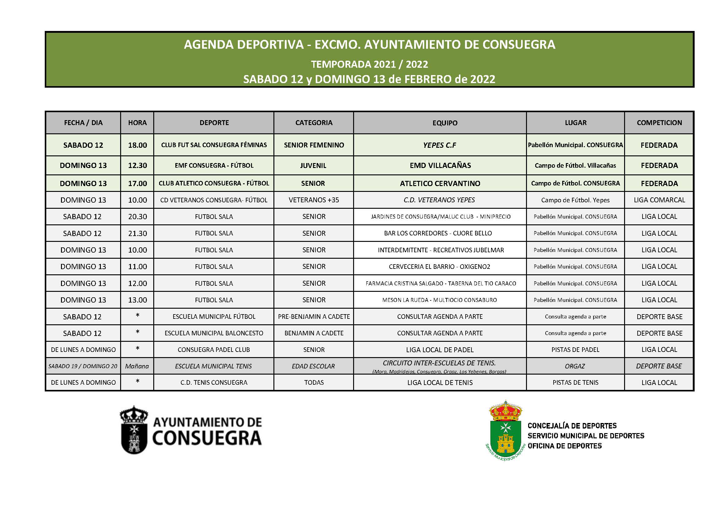 Agenda Deportiva. Sábado 12 y domingo13 de febrero de 2022