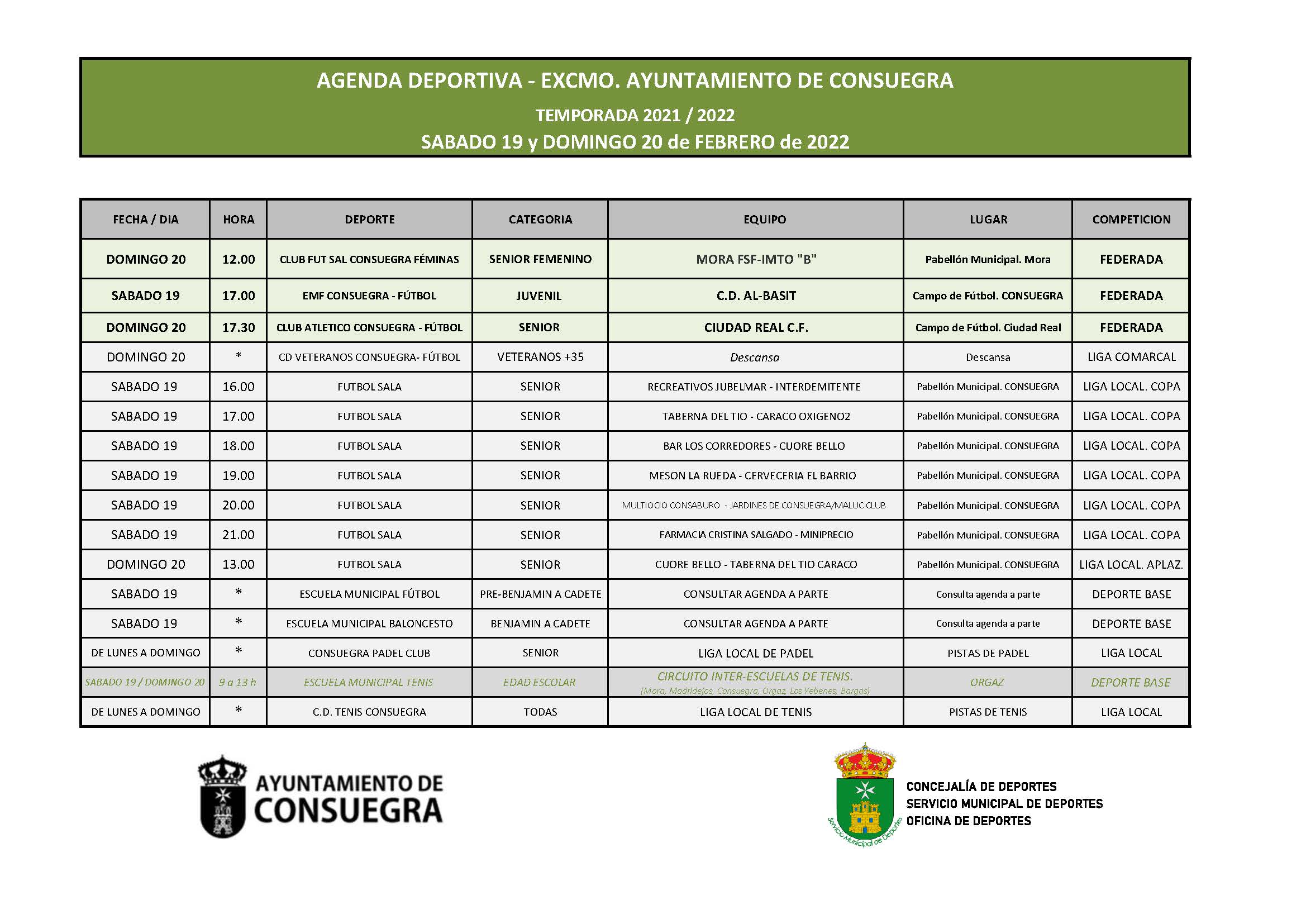 Agenda Deportiva. Sábado 26 y domingo 27 de febrero de 2022