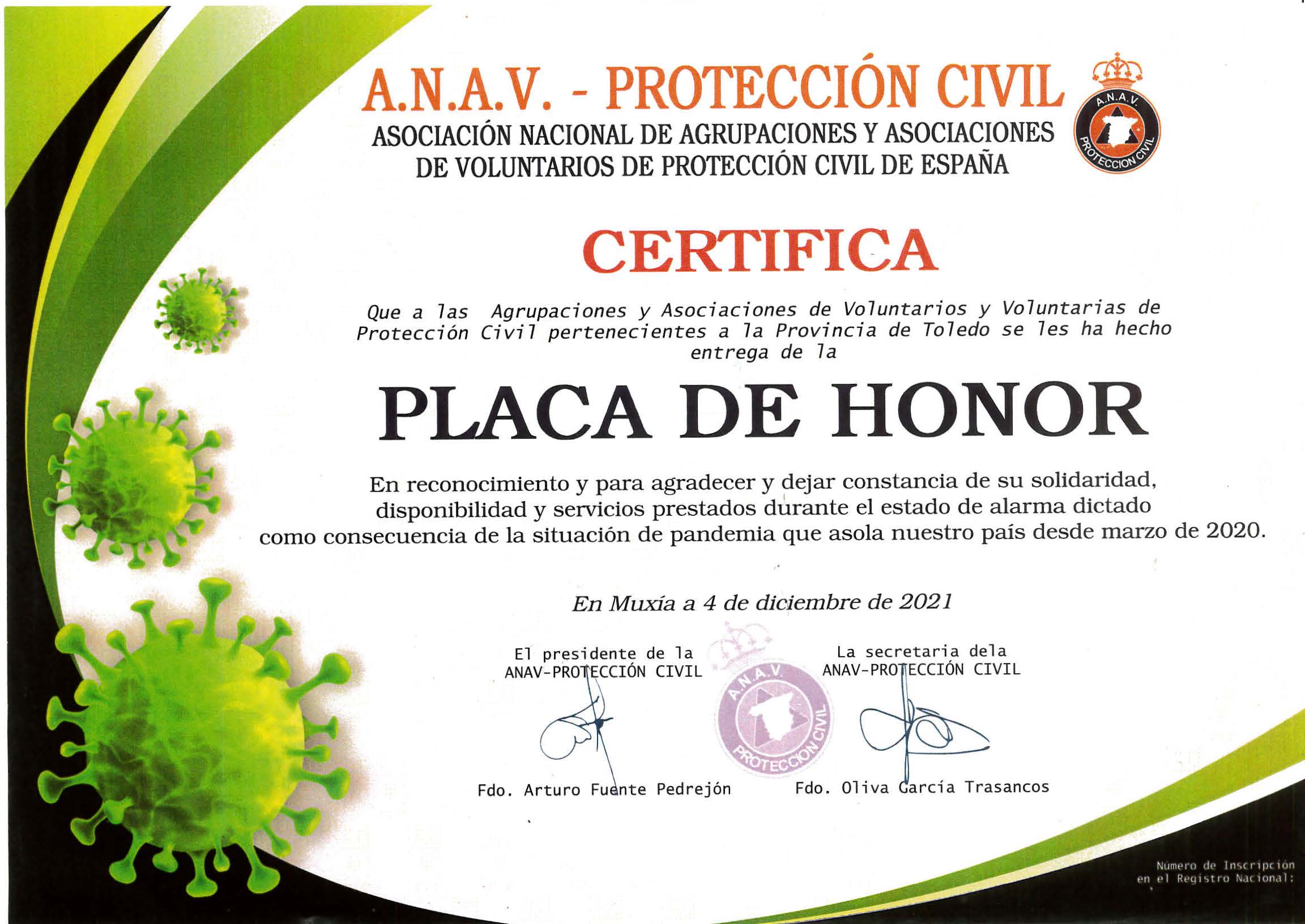 Reconocimiento a la Agrupación de Voluntarios/as de Protección Civil por los servicios prestados durante la pandemia