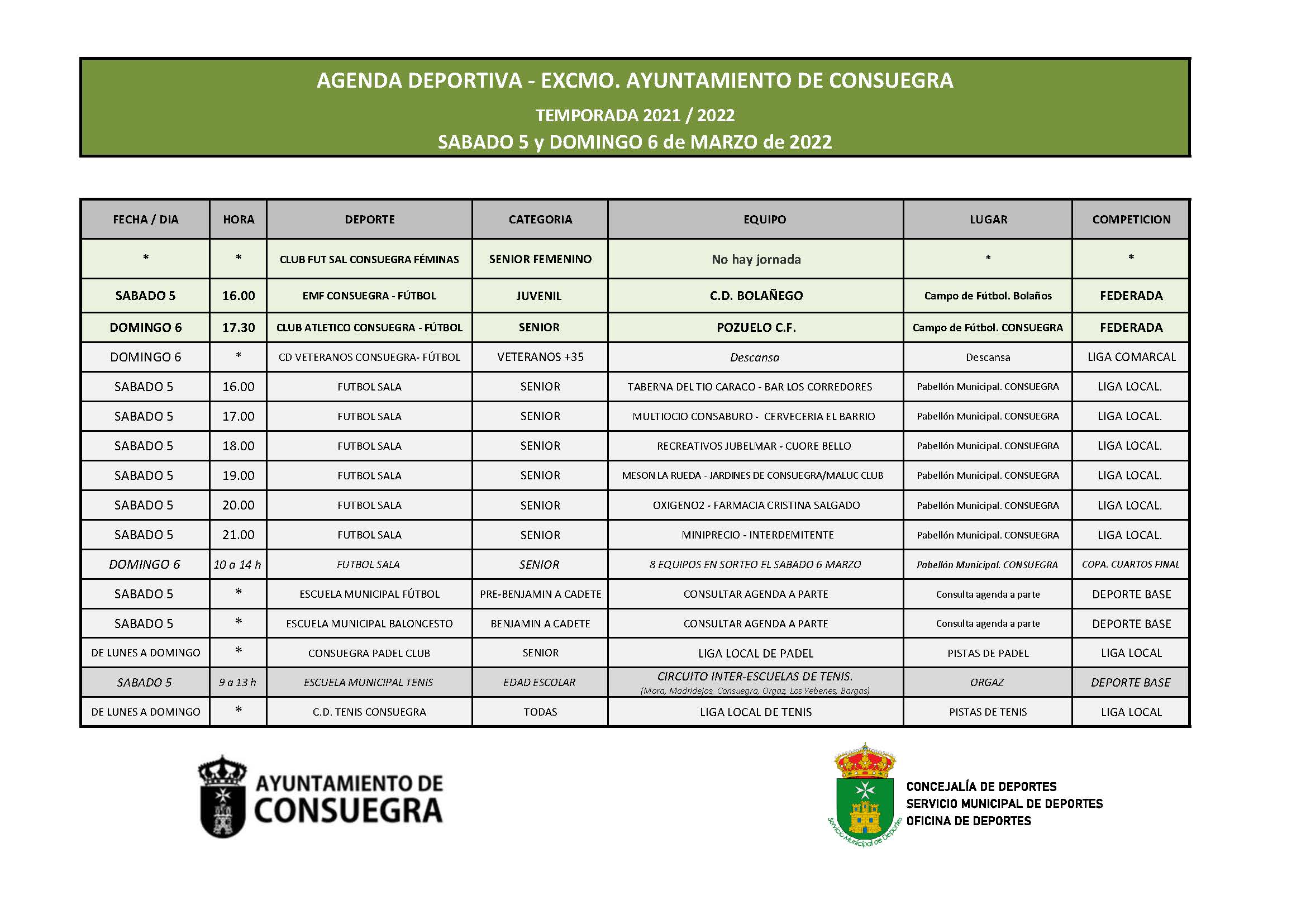 Agenda Deportiva. Sábado 5 y domingo 6 de marzo de 2022