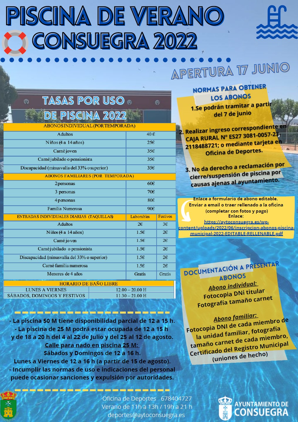 Piscina Municipal Verano 2022. Tasas y abonos